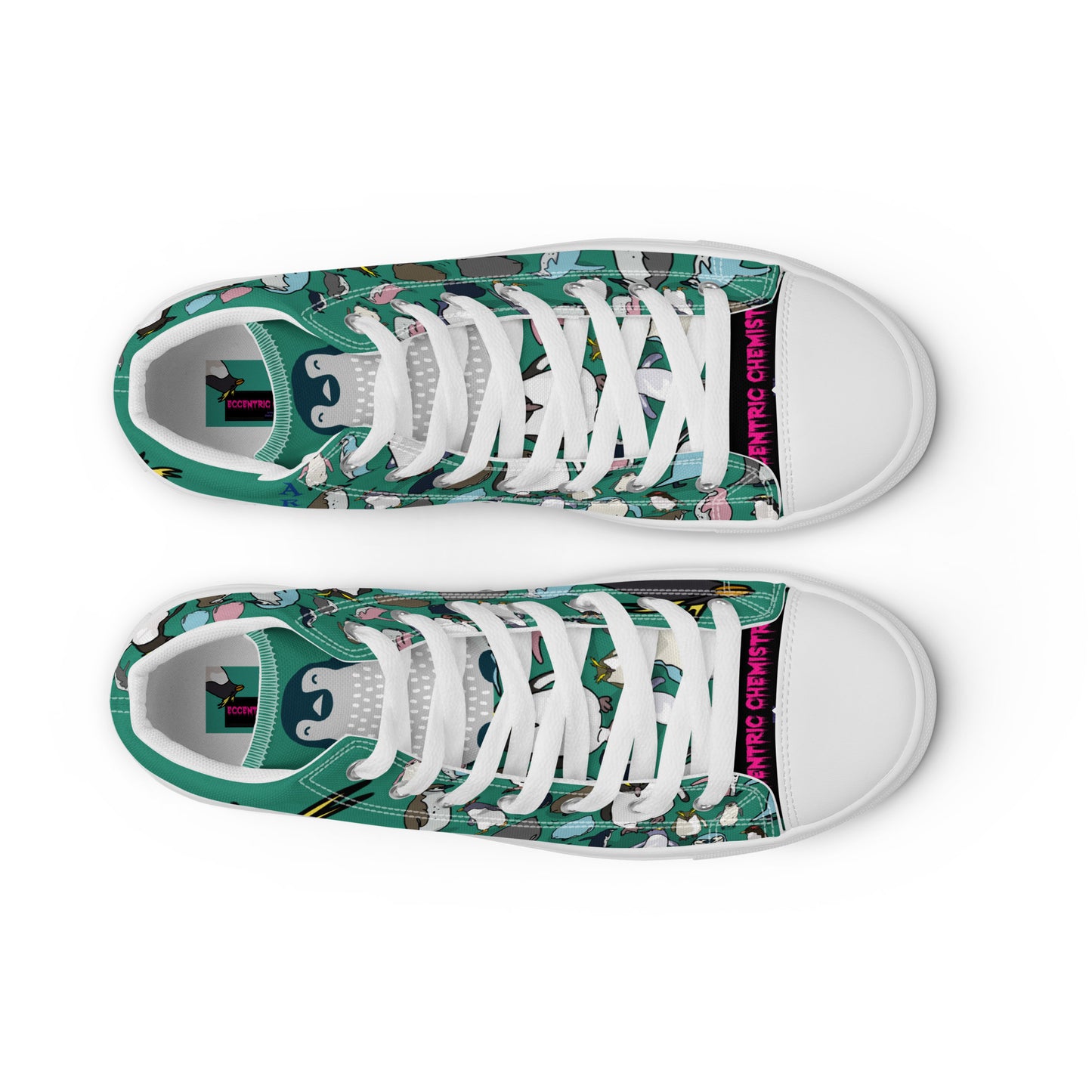 Men’s high-top canvas shoes in green with white front, stylish and casual, from Eccentric Chemistry’s laboratory of strange and stylish things.