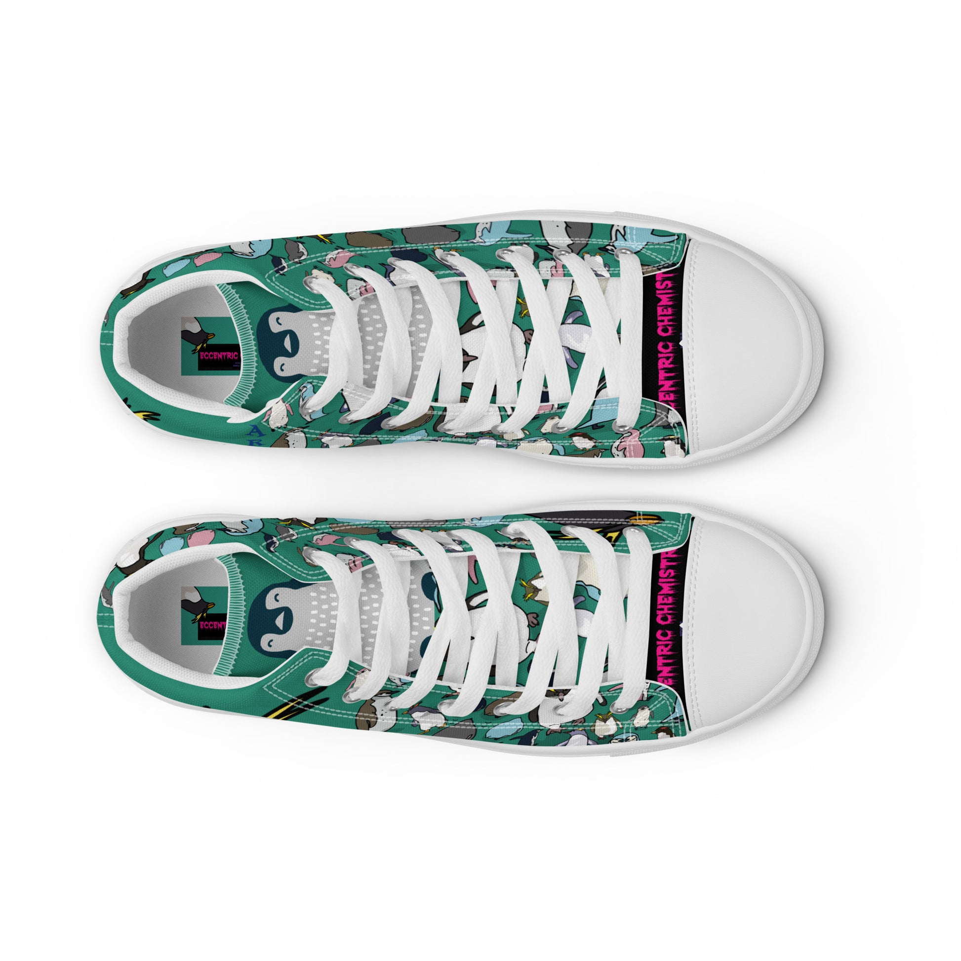 Men’s high-top canvas shoes in green with white front, stylish and casual, from Eccentric Chemistry’s laboratory of strange and stylish things.