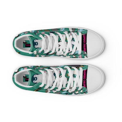 Men’s high-top canvas shoes in green with white front, stylish and casual, from Eccentric Chemistry’s laboratory of strange and stylish things.