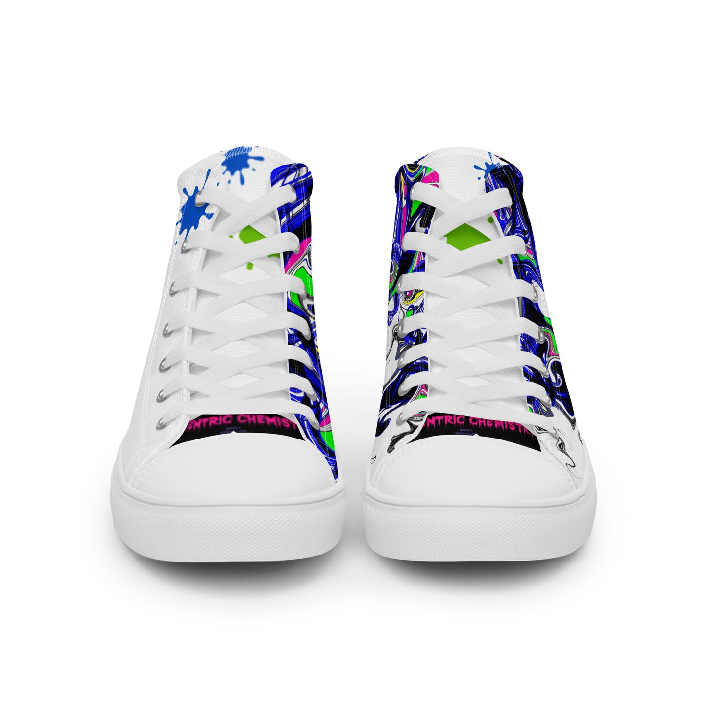 Men’s high-top canvas shoes with paint-splash design called “Outfit Maker” by Eccentric Chemistry's Tiny Shop of T-Shirt Horrors.