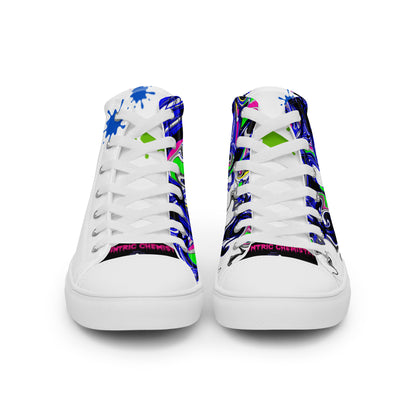 Men’s high-top canvas shoes with paint-splash design called “Outfit Maker” by Eccentric Chemistry's Tiny Shop of T-Shirt Horrors.