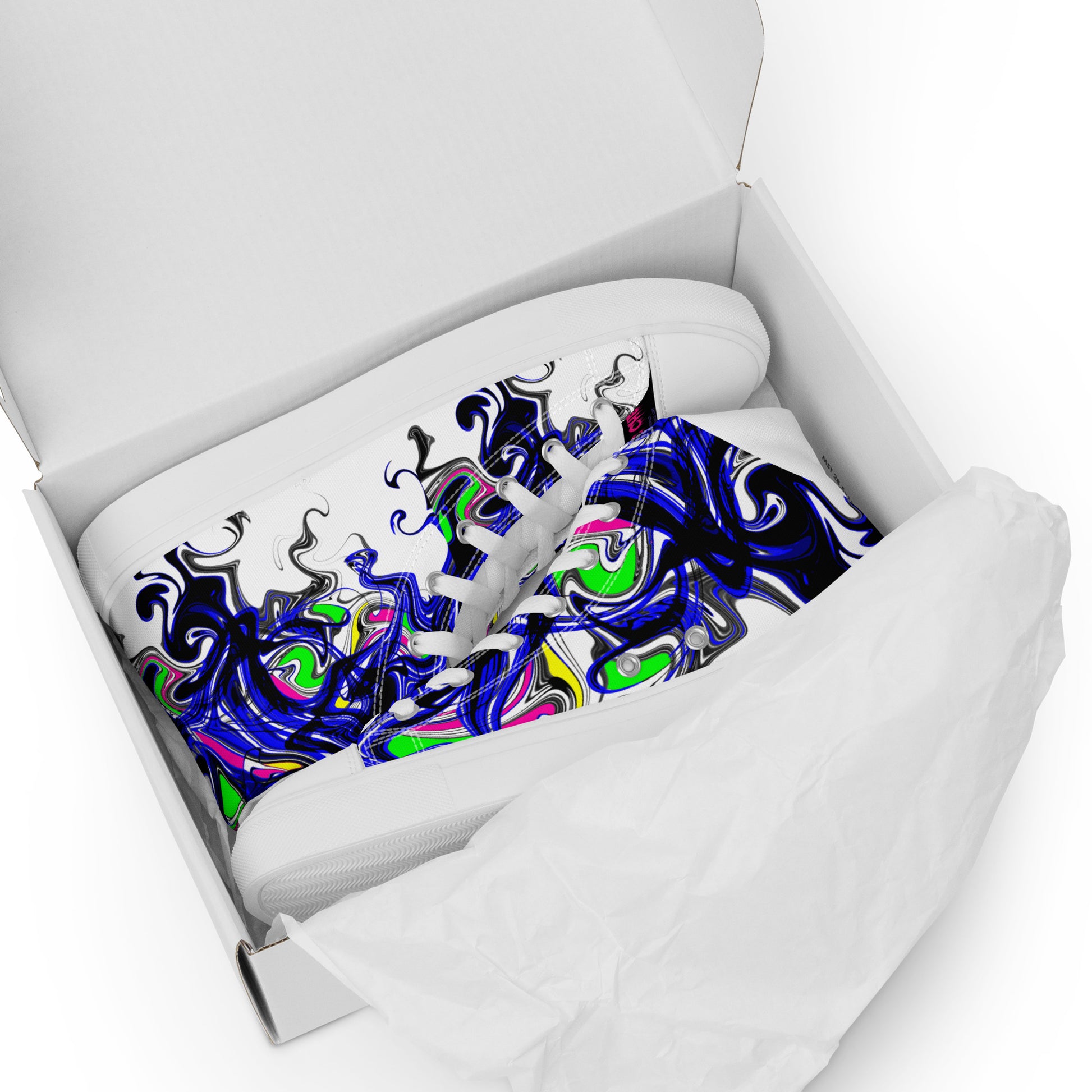 Men's white high-top canvas shoes with colorful paint-splash design, called "Outfit Maker," by Eccentric Chemistry.