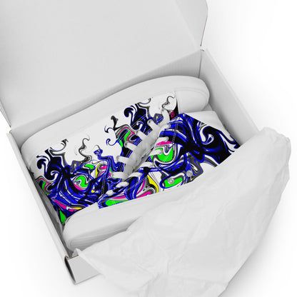 Men's white high-top canvas shoes with colorful paint-splash design, called "Outfit Maker," by Eccentric Chemistry.