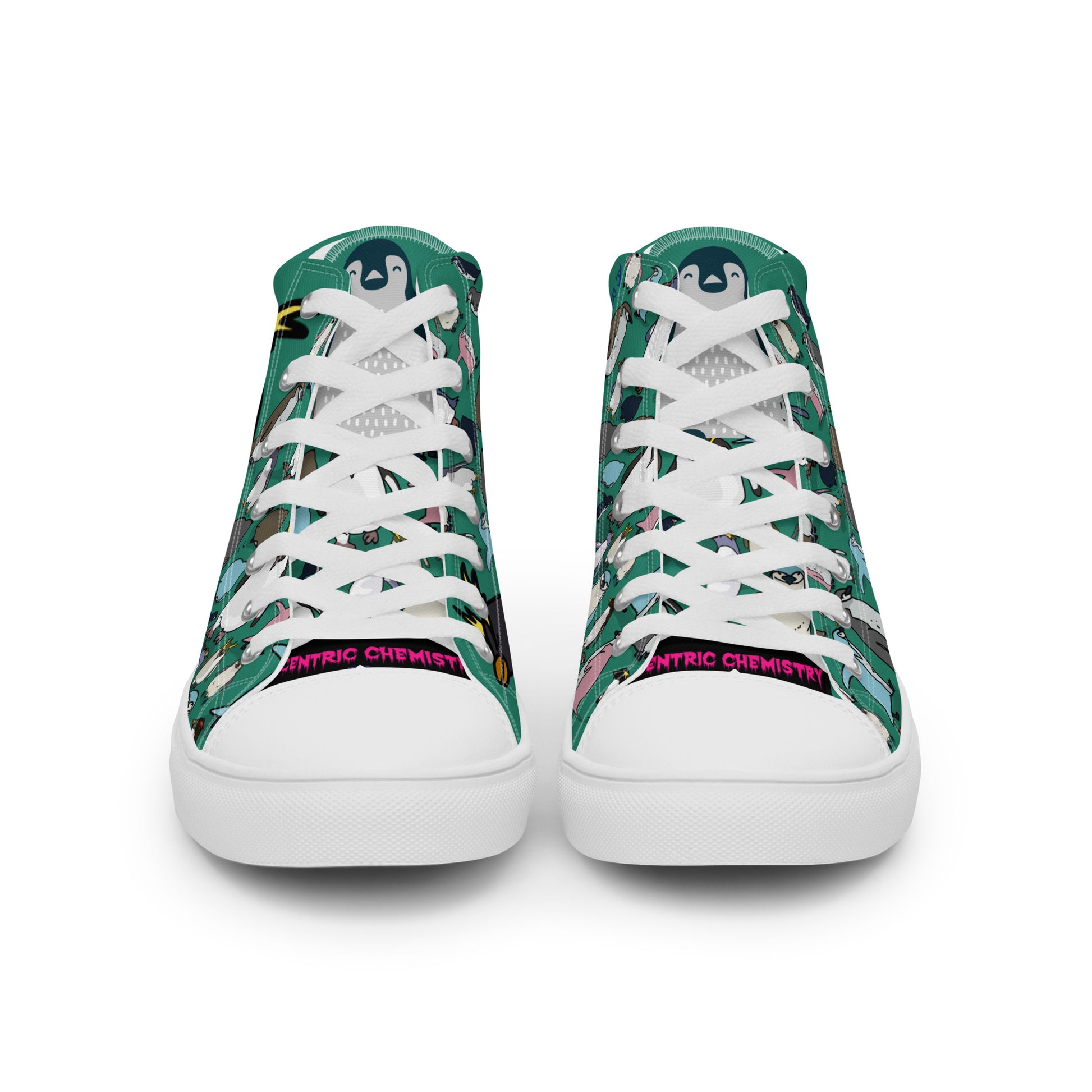 Men’s high-top canvas shoes in green with white front details from Eccentric Chemistry’s Laboratory of Strange & Stylish Things.