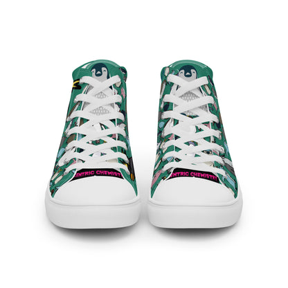 Men’s high-top canvas shoes in green with white front details from Eccentric Chemistry’s Laboratory of Strange & Stylish Things.