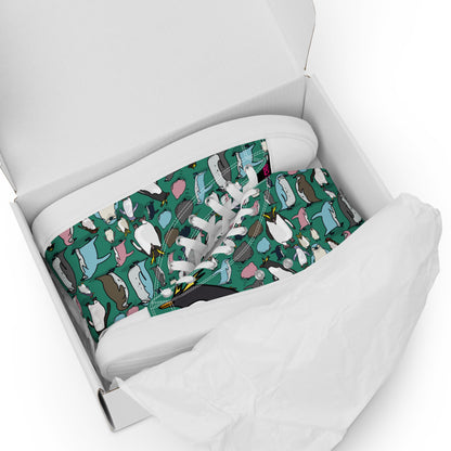 Men’s green high-top canvas shoes from Eccentric Chemistry’s laboratory, featuring white soles and stylish experimental design.