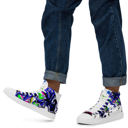 White men’s high-top canvas shoes with colorful paint-splash design, titled "Outfit Maker," by Eccentric Chemistry.
