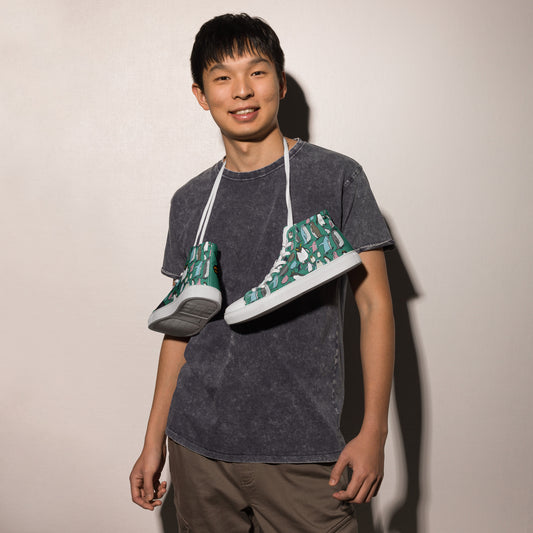 Men’s green high-top canvas shoes from Eccentric Chemistry’s Laboratory of Strange & Stylish Things, shown from the left side.