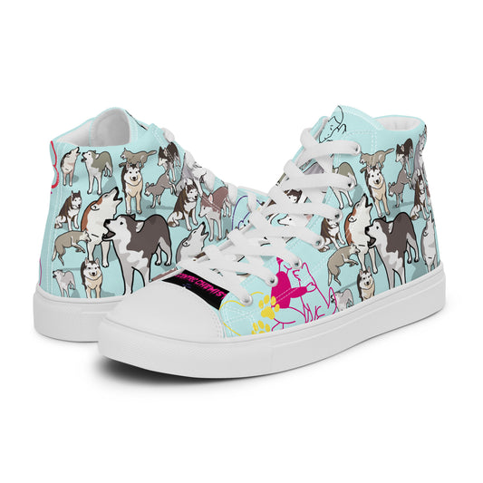 Men’s white high-top canvas shoes with Frost-Paw Escape Protocol design from Eccentric Chemistry’s Laboratory of Strange & Stylish Things.