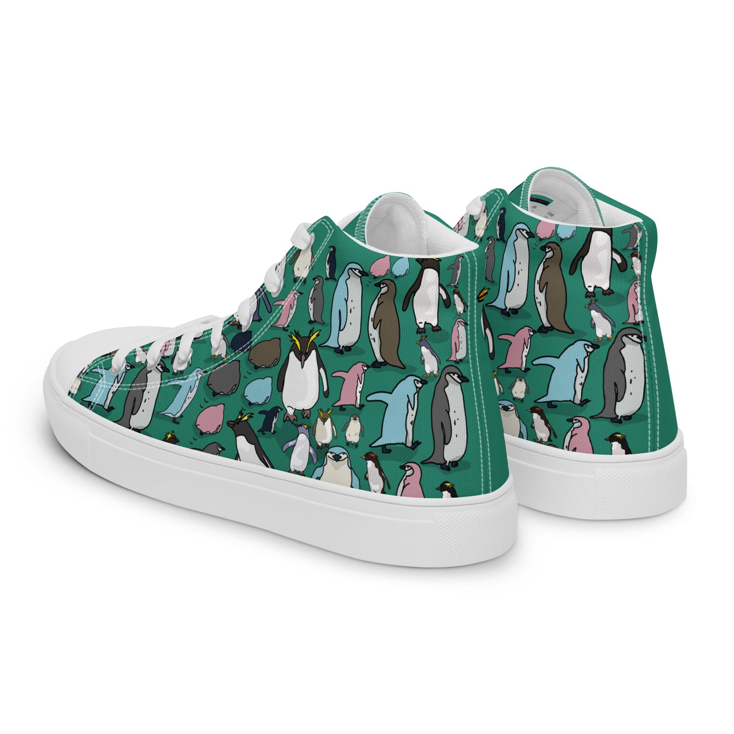 Men’s green high-top canvas shoes from Eccentric Chemistry’s Laboratory of Strange & Stylish Things, showing the left back view.