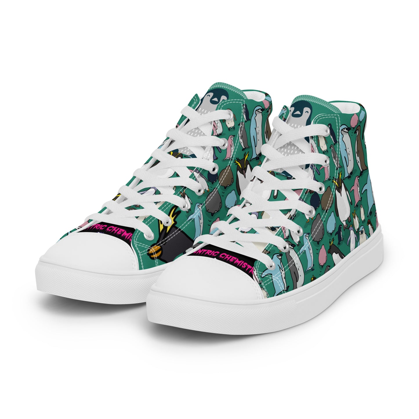 Men's green high-top canvas shoes from Eccentric Chemistry's Laboratory of Strange & Stylish Things, shown from front left angle.