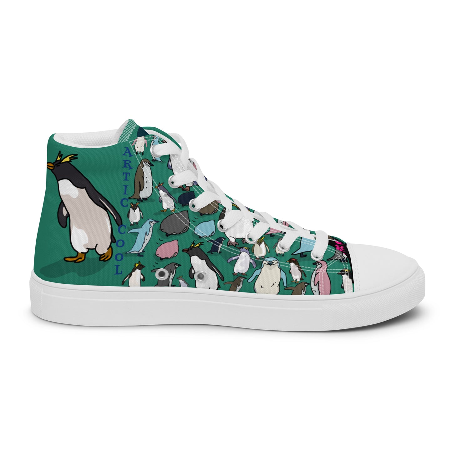 Men’s green high-top canvas shoes from Eccentric Chemistry with white soles, shown from the inside angle.
