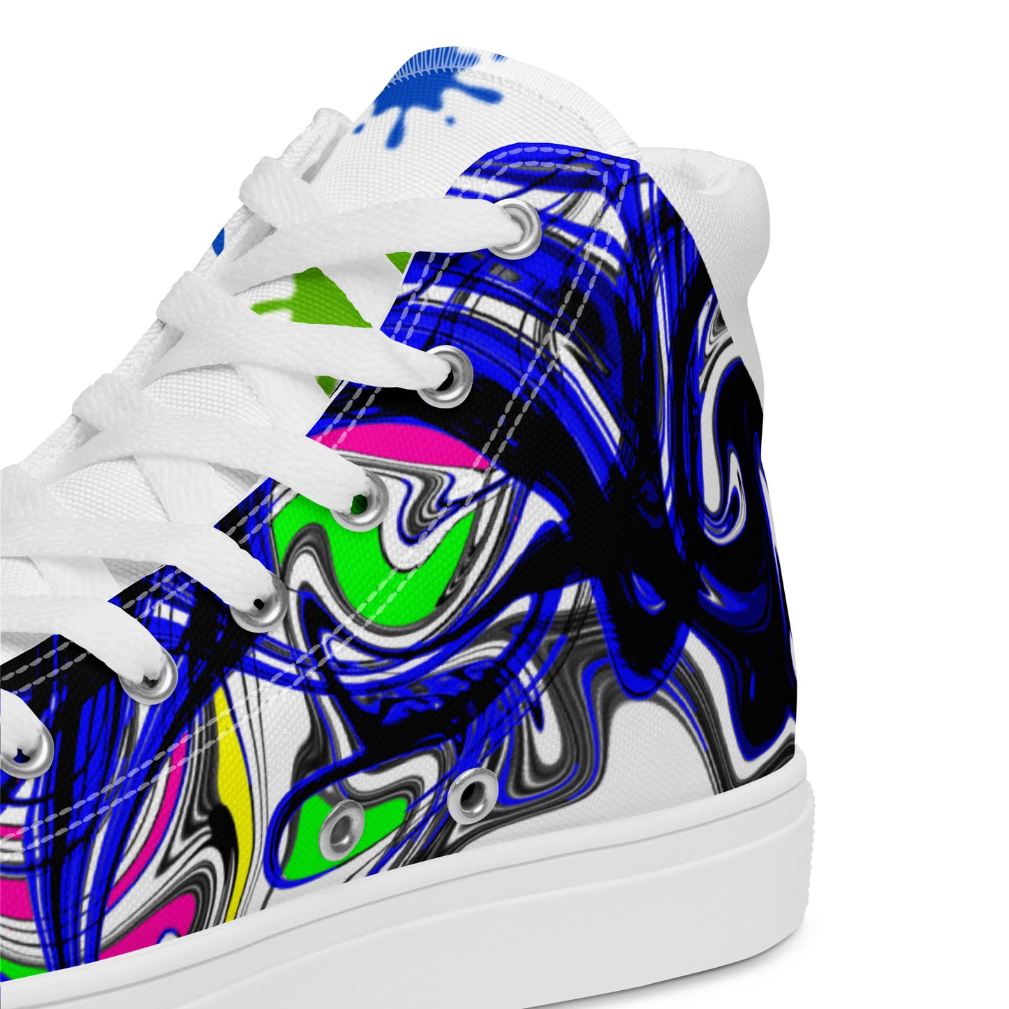 Men’s white high-top canvas shoes with paint-splash design, featuring a casual style and rubber sole from Eccentric Chemistry's Tiny Shop.