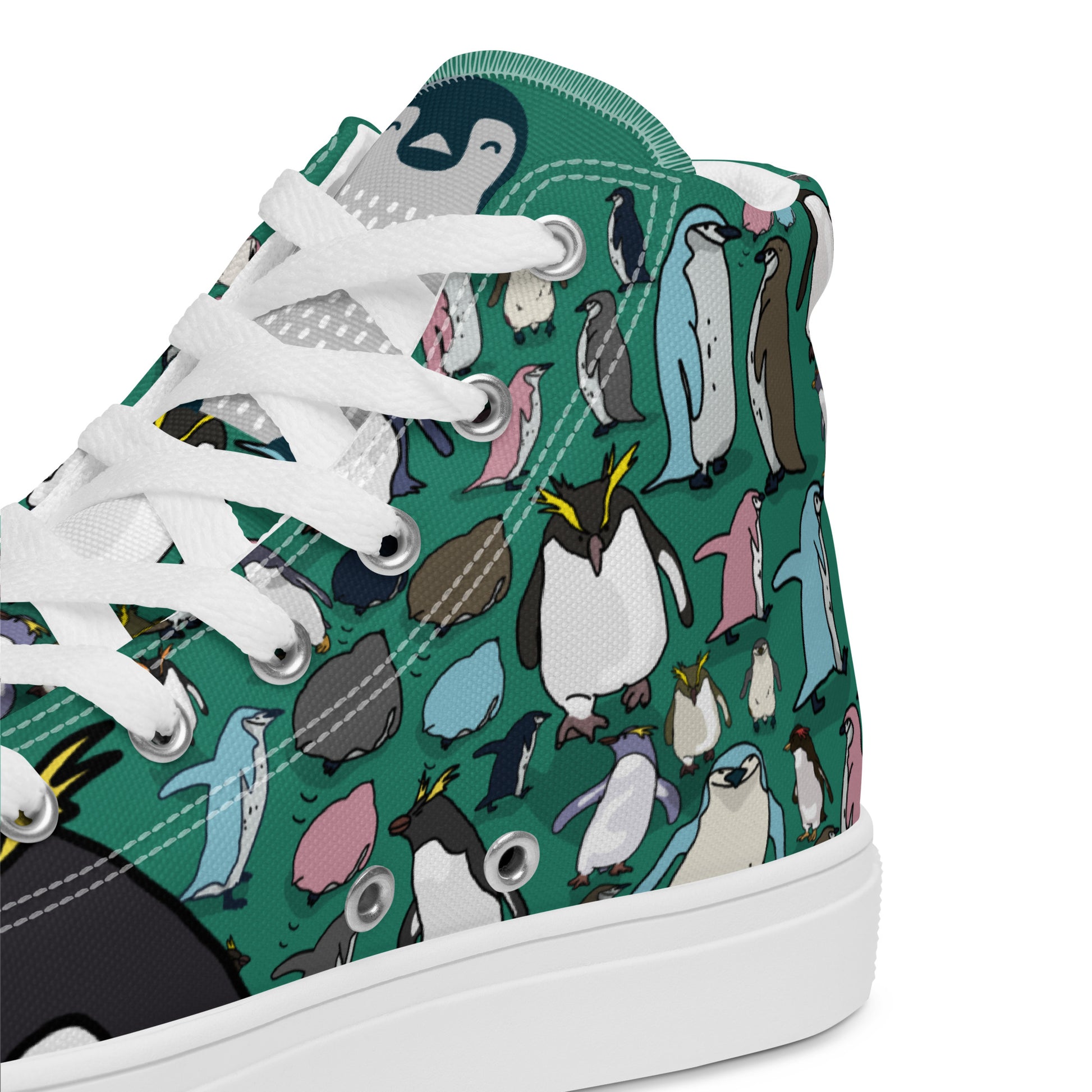 Men's green high-top canvas shoes with white laces and sole, stylish footwear from Eccentric Chemistry's Laboratory of Strange & Stylish Things.