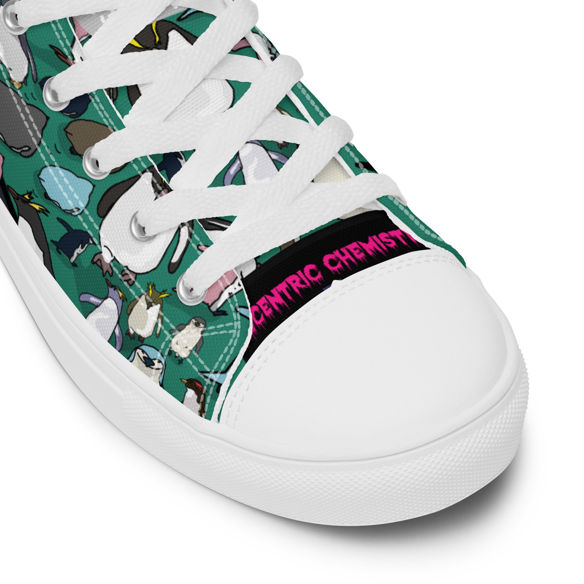 Men’s high-top canvas shoes in green with white soles, featuring a stylish design from Eccentric Chemistry’s Laboratory of Strange & Stylish Things.
