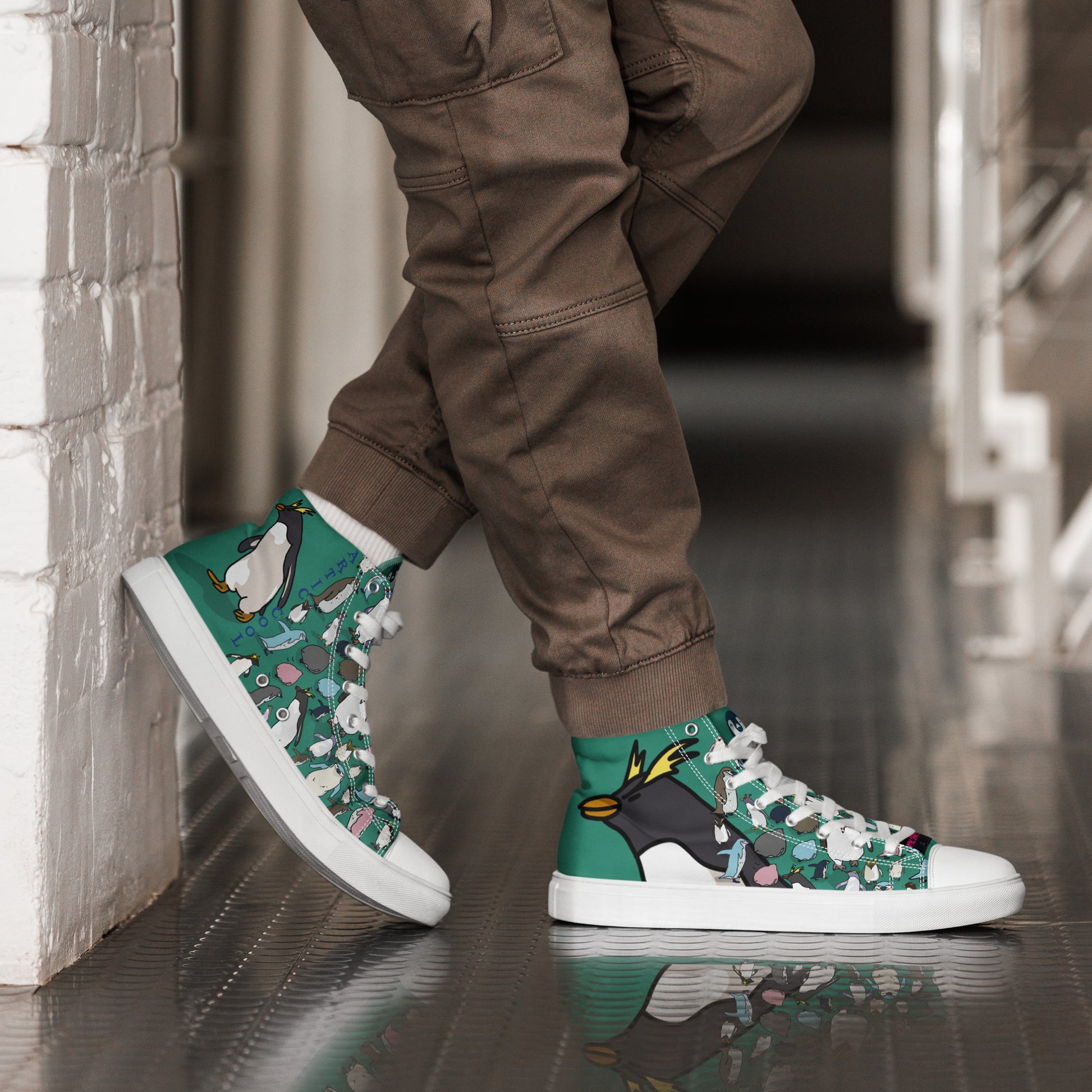 Men’s green high-top canvas shoes from Eccentric Chemistry’s Laboratory of Strange & Stylish Things, shown from the right side.