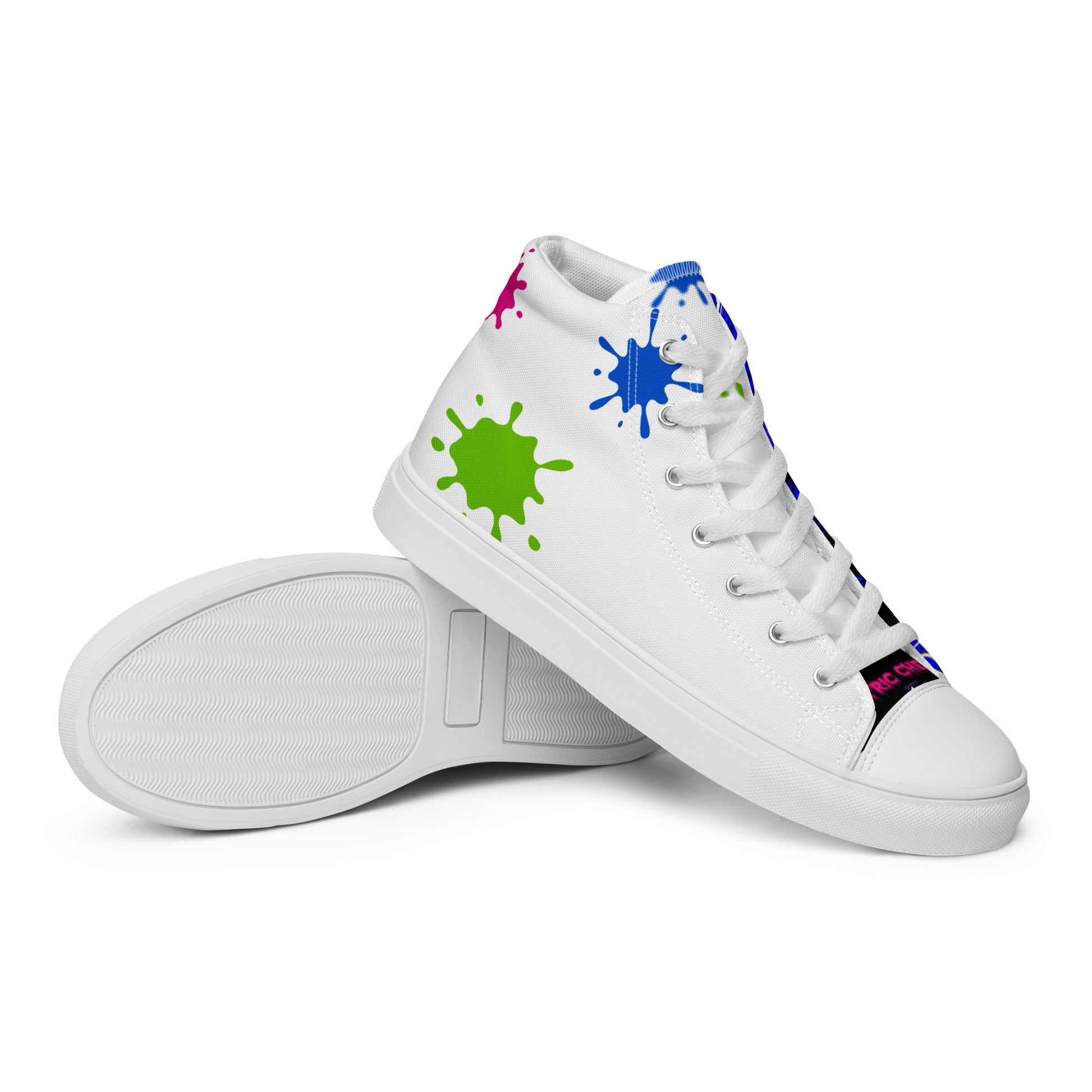 White men's high-top canvas shoes with colorful paint-splash design, titled “Outfit Maker” Kick by Eccentric Chemistry.