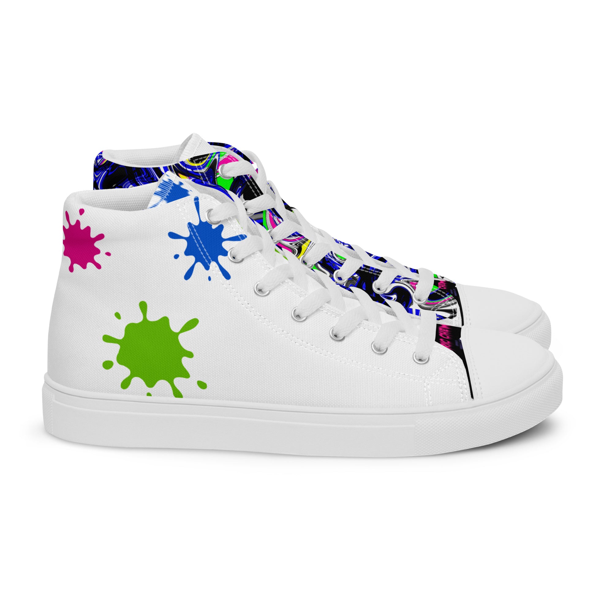 Men’s white high-top canvas shoes with paint-splash design, labeled as “Outfit Maker” kicks by Eccentric Chemistry.