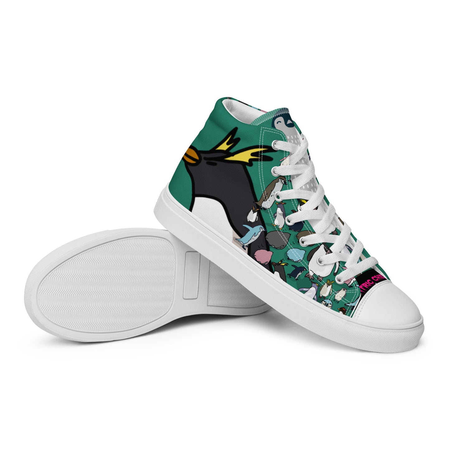 Men’s high-top canvas shoes in green with Arctic Waddle Experiment design, from Eccentric Chemistry’s Laboratory of Strange & Stylish Things.