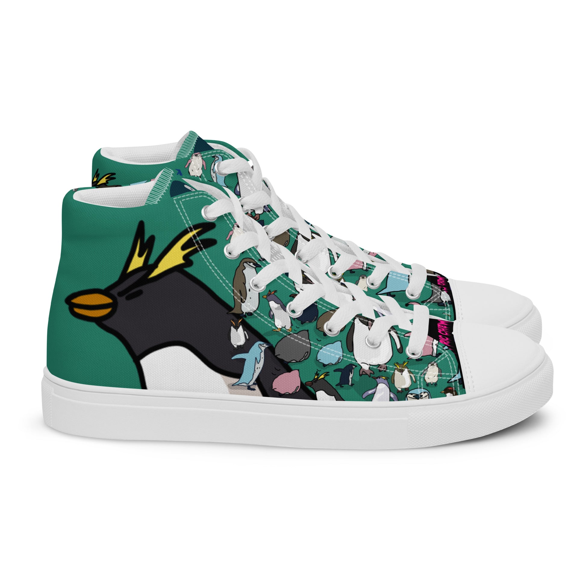 Men’s green high-top canvas shoes from Eccentric Chemistry’s Laboratory of Strange & Stylish Things, shown in a side view.