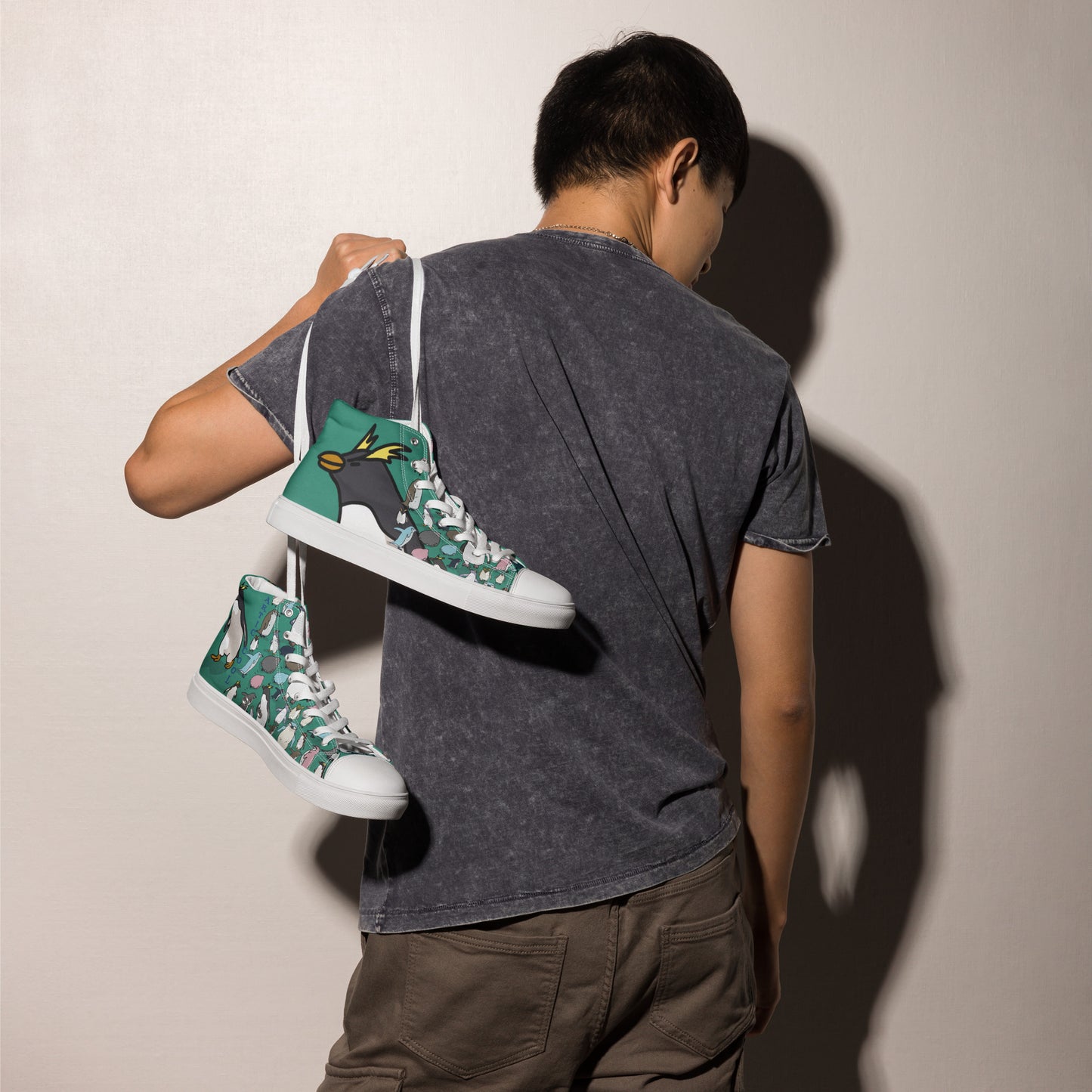 Men’s green high-top canvas shoes by Eccentric Chemistry, showing the right side with white laces and stylish design.