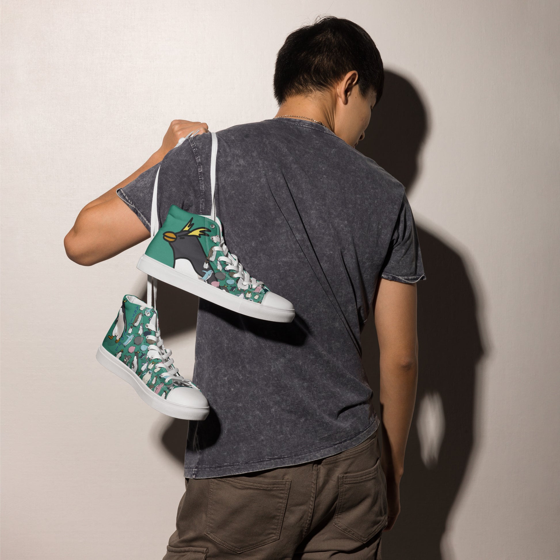 Men’s green high-top canvas shoes by Eccentric Chemistry, showing the right side with white laces and stylish design.