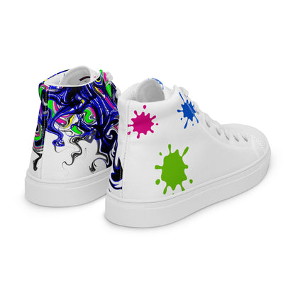 Men’s white high-top canvas shoes with paint-splash design, showing the right back view of Eccentric Chemistry's Outfit Maker Kick.
