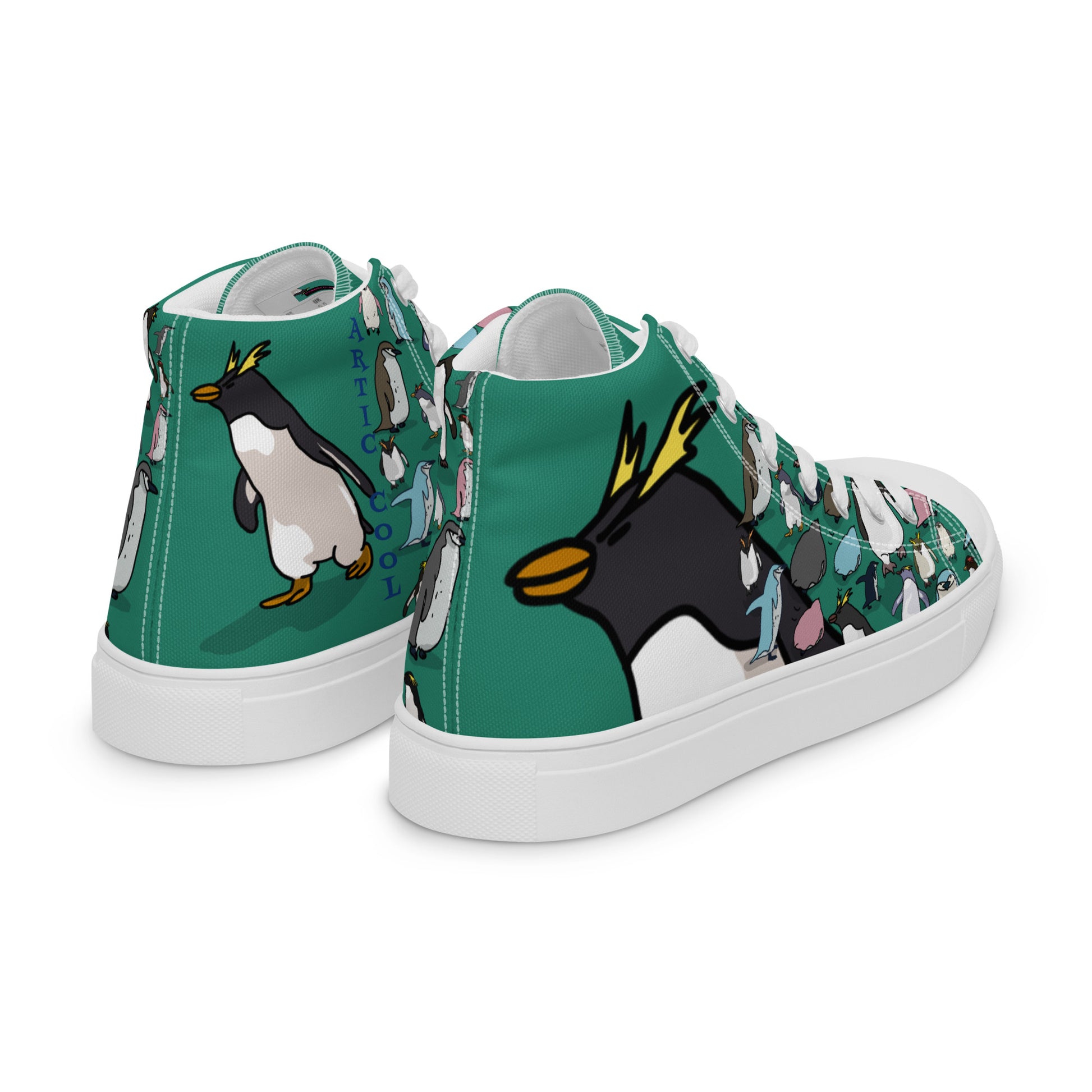 Green men's high-top canvas shoes from Eccentric Chemistry's Laboratory of Strange & Stylish Things, shown from the back right side.