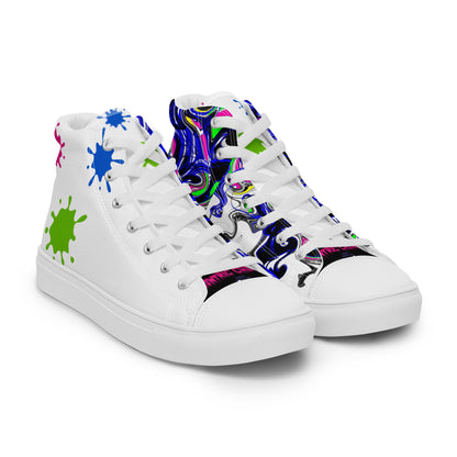 White men's high-top canvas shoes with paint-splash design, front view showcasing the colorful "Outfit Maker" style.