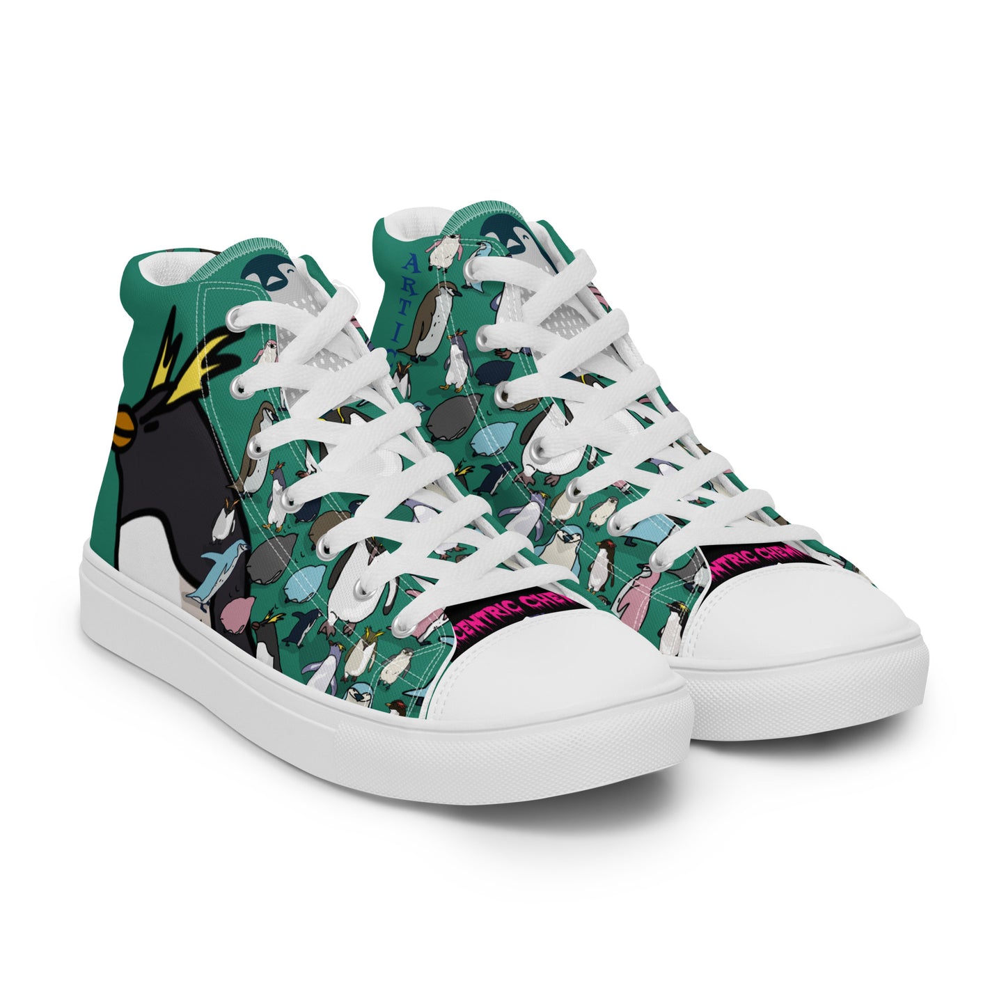Men’s green high-top canvas shoes from Eccentric Chemistry’s Laboratory of Strange & Stylish Things, showing front view with white soles.