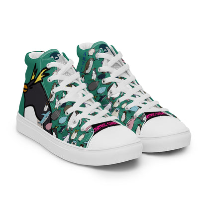 Men’s green high-top canvas shoes from Eccentric Chemistry’s Laboratory of Strange & Stylish Things, showing front view with white soles.