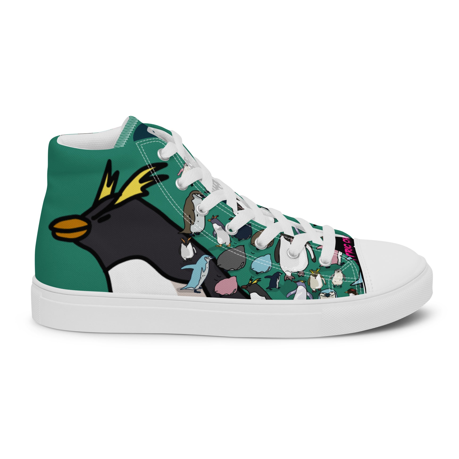 Men’s green high-top canvas shoes from Eccentric Chemistry’s Laboratory of Strange & Stylish Things, shown from the right outside angle.