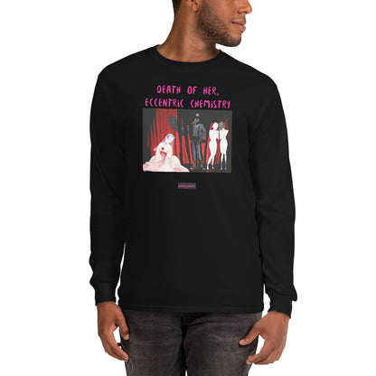 Men’s black long sleeve T-shirt featuring Eccentric Chemistry’s Death of Her Experiment artwork, with a bold, artistic design on the front.