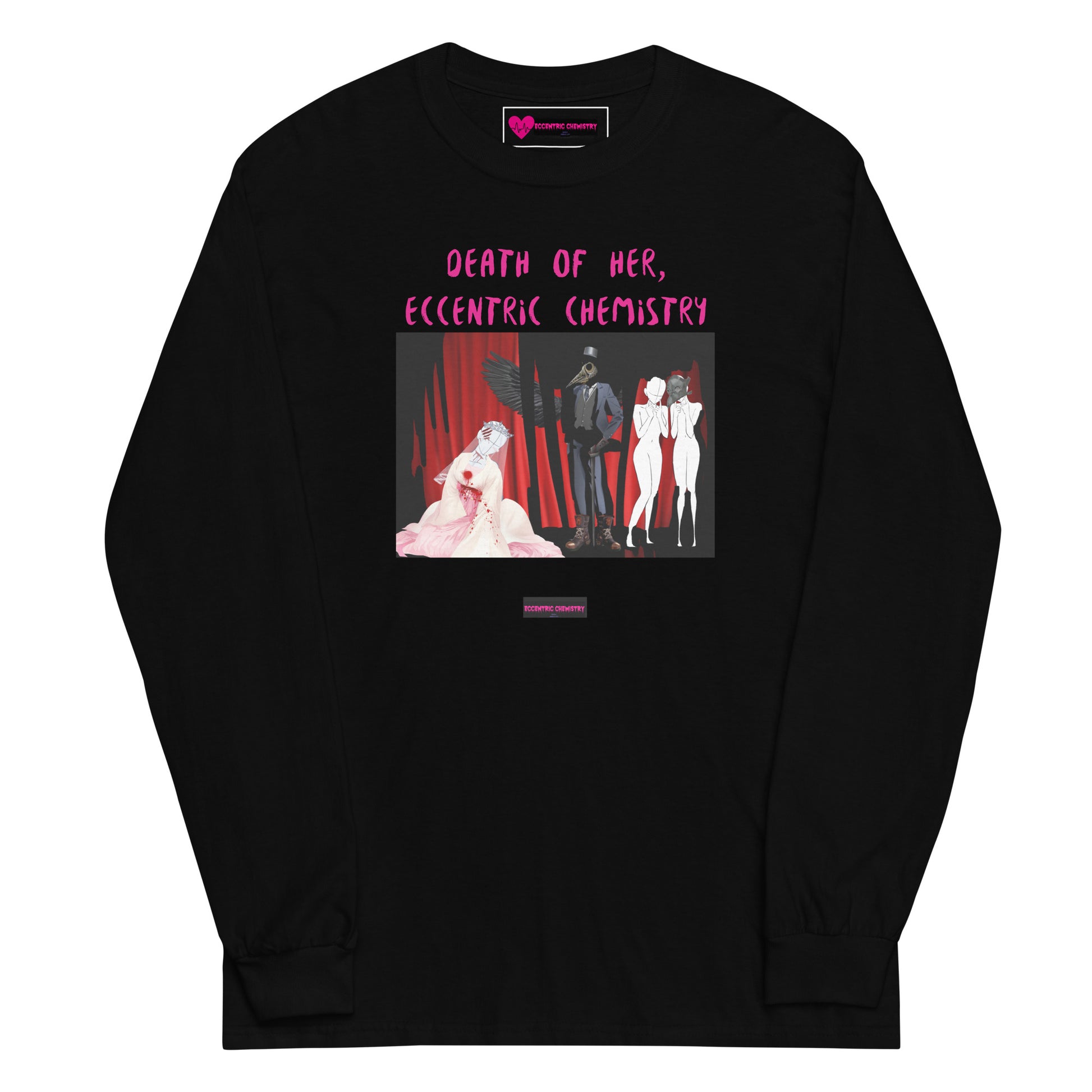 Men’s black long sleeve T-shirt with Eccentric Art "Death of Her" design from Eccentric Chemistry’s Laboratory of Strange & Stylish Things.