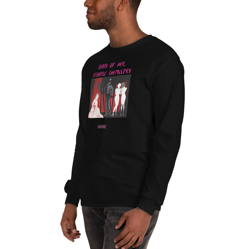 Men’s black long sleeve T-shirt featuring eccentric art titled "Death of Her" from Eccentric Chemistry's Laboratory of Strange & Stylish Things.