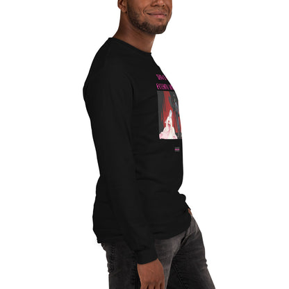 Men’s black long sleeve T-shirt with eccentric art design titled "Death of Her" from Eccentric Chemistry’s Laboratory of Strange & Stylish Things.