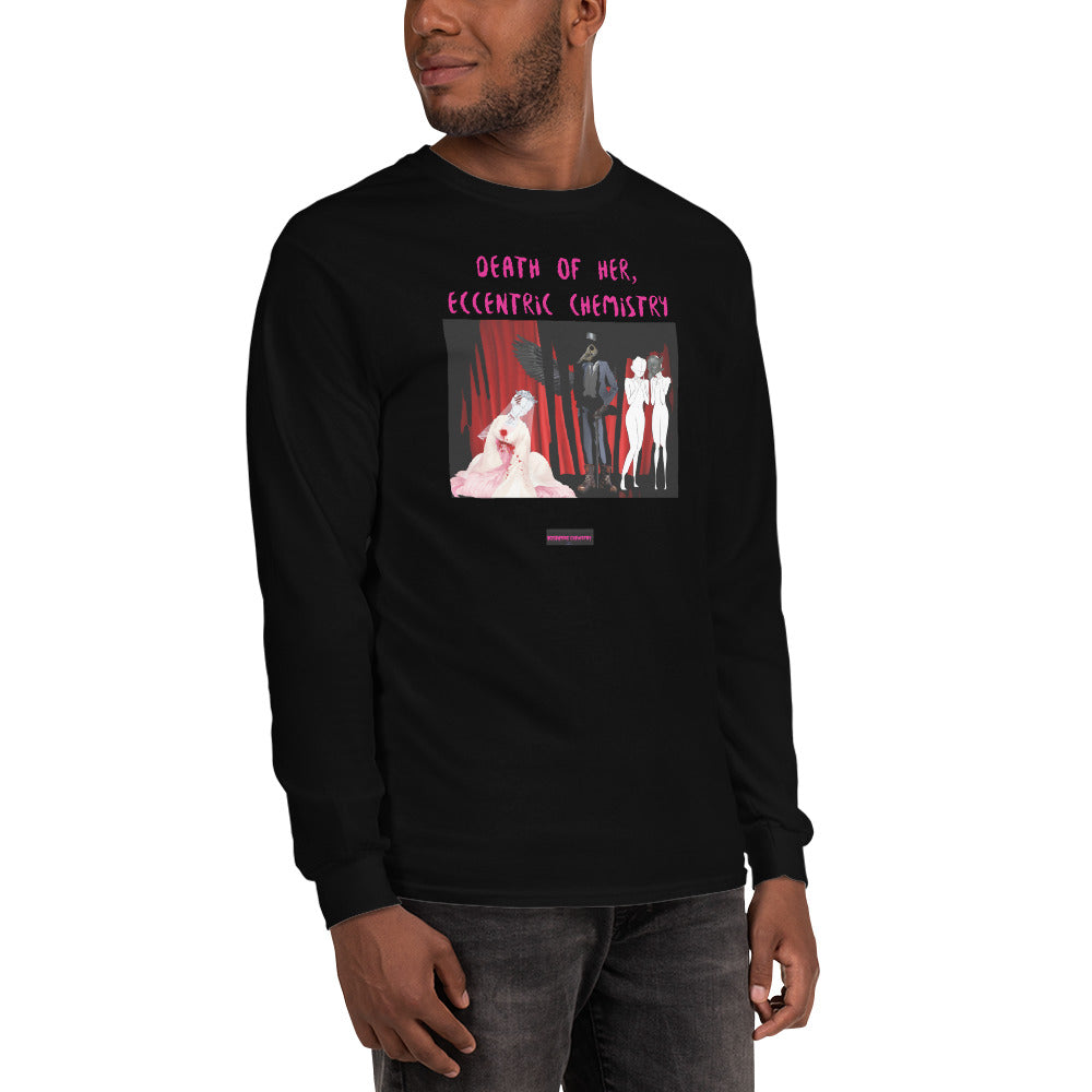 Men’s black long sleeve T-shirt featuring Eccentric Chemistry’s Death of Her Experiment artwork on the front.