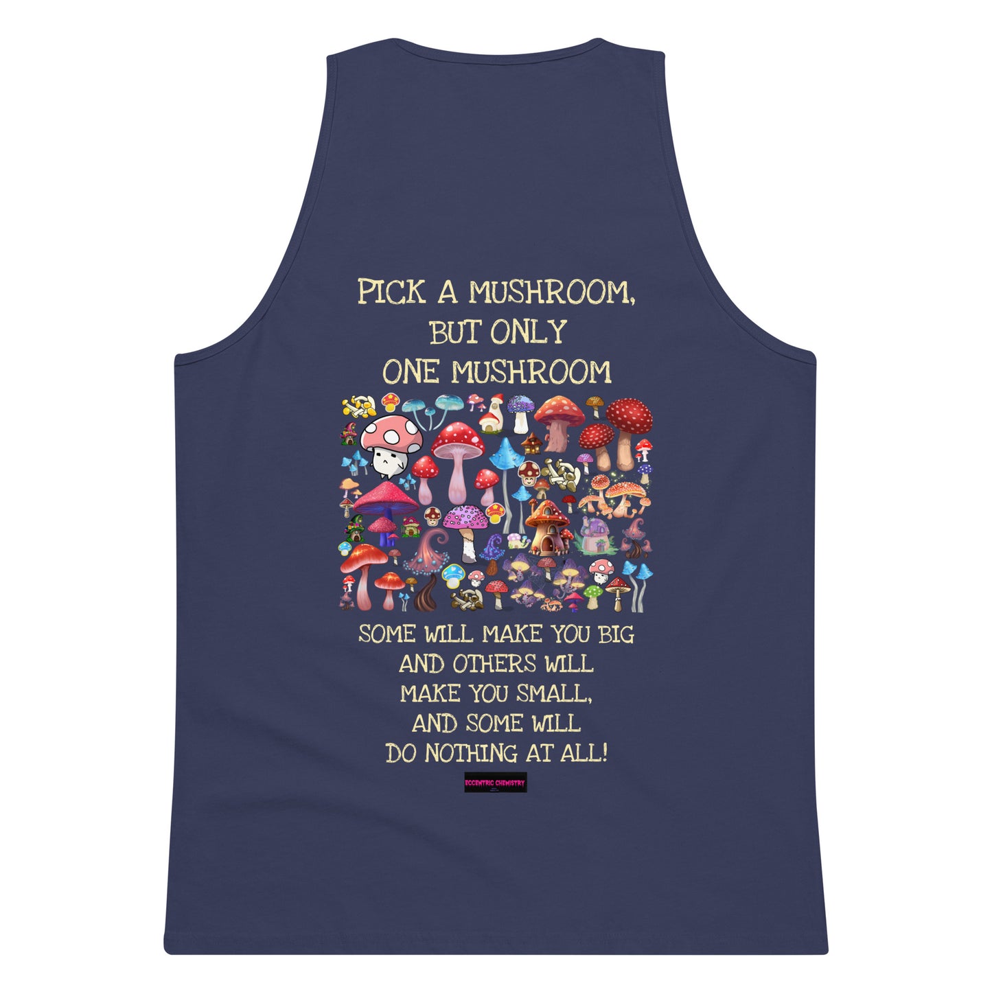 Men’s Harbor Blue tank top with mushroom print from Eccentric Chemistry’s Laboratory of Strange & Stylish Things, back view.