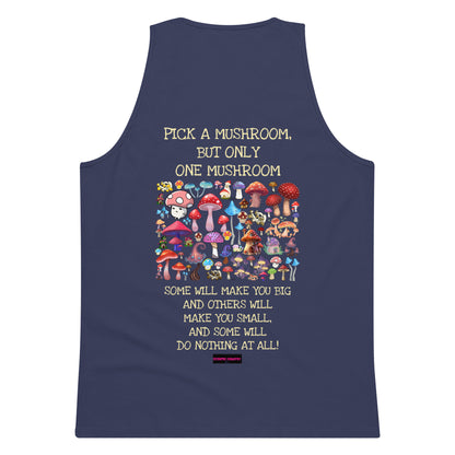 Men’s Harbor Blue tank top with mushroom print from Eccentric Chemistry’s Laboratory of Strange & Stylish Things, back view.