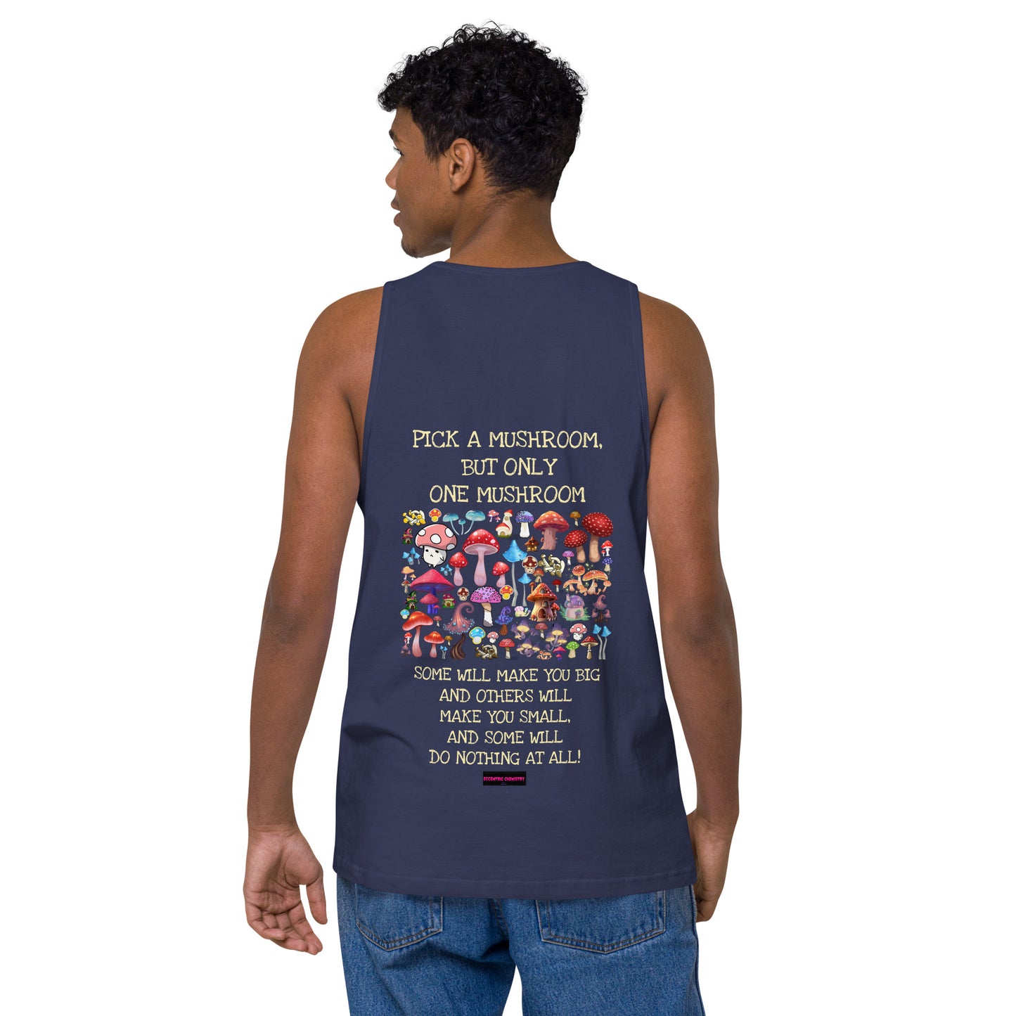Mens premium harbor blue tank top with mushroom print, from Eccentric Chemistry’s Laboratory of Strange & Stylish Things.