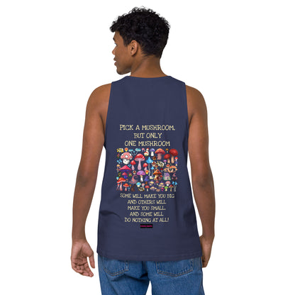 Mens premium harbor blue tank top with mushroom print, from Eccentric Chemistry’s Laboratory of Strange & Stylish Things.