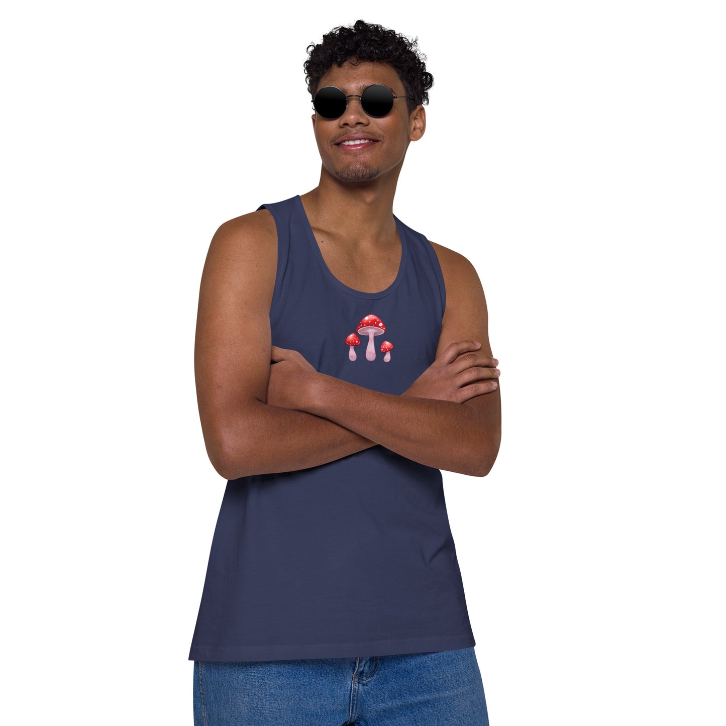 Men's premium Harbor Blue tank top from Eccentric Chemistry's Laboratory of Strange & Stylish Things, featuring a distinctive mushroom print.