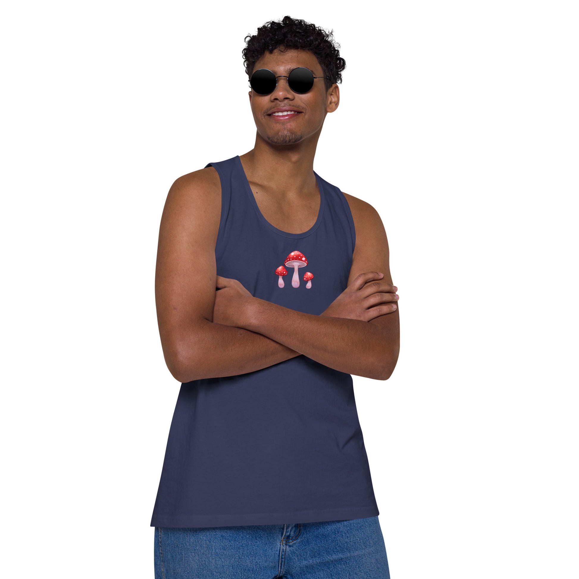 Men's premium Harbor Blue tank top from Eccentric Chemistry's Laboratory of Strange & Stylish Things, featuring a distinctive mushroom print.