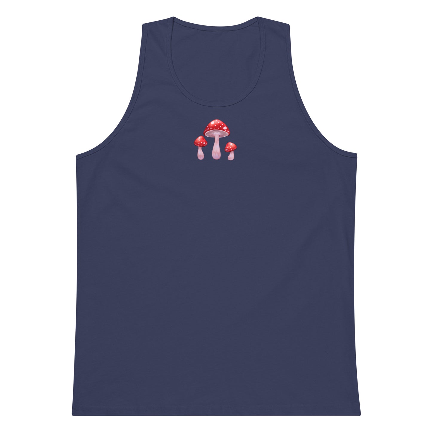 Men’s harbor blue tank top with mushroom print from Eccentric Chemistry’s Laboratory of Strange & Stylish Things, front view.