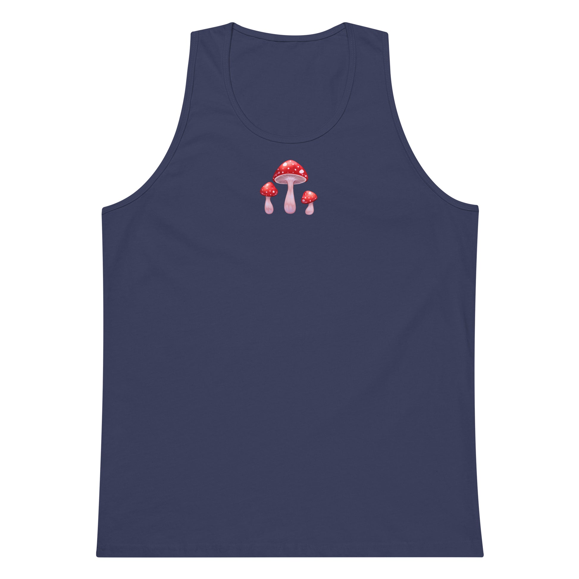 Men’s harbor blue tank top with mushroom print from Eccentric Chemistry’s Laboratory of Strange & Stylish Things, front view.