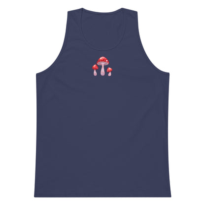 Men’s harbor blue tank top with mushroom print from Eccentric Chemistry’s Laboratory of Strange & Stylish Things, front view.
