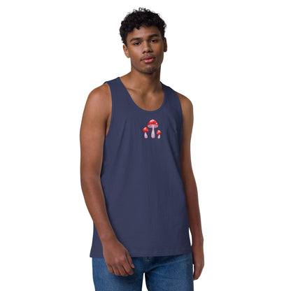 Men’s premium harbor blue tank top featuring mushroom print from Eccentric Chemistry’s Laboratory of Strange & Stylish Things.