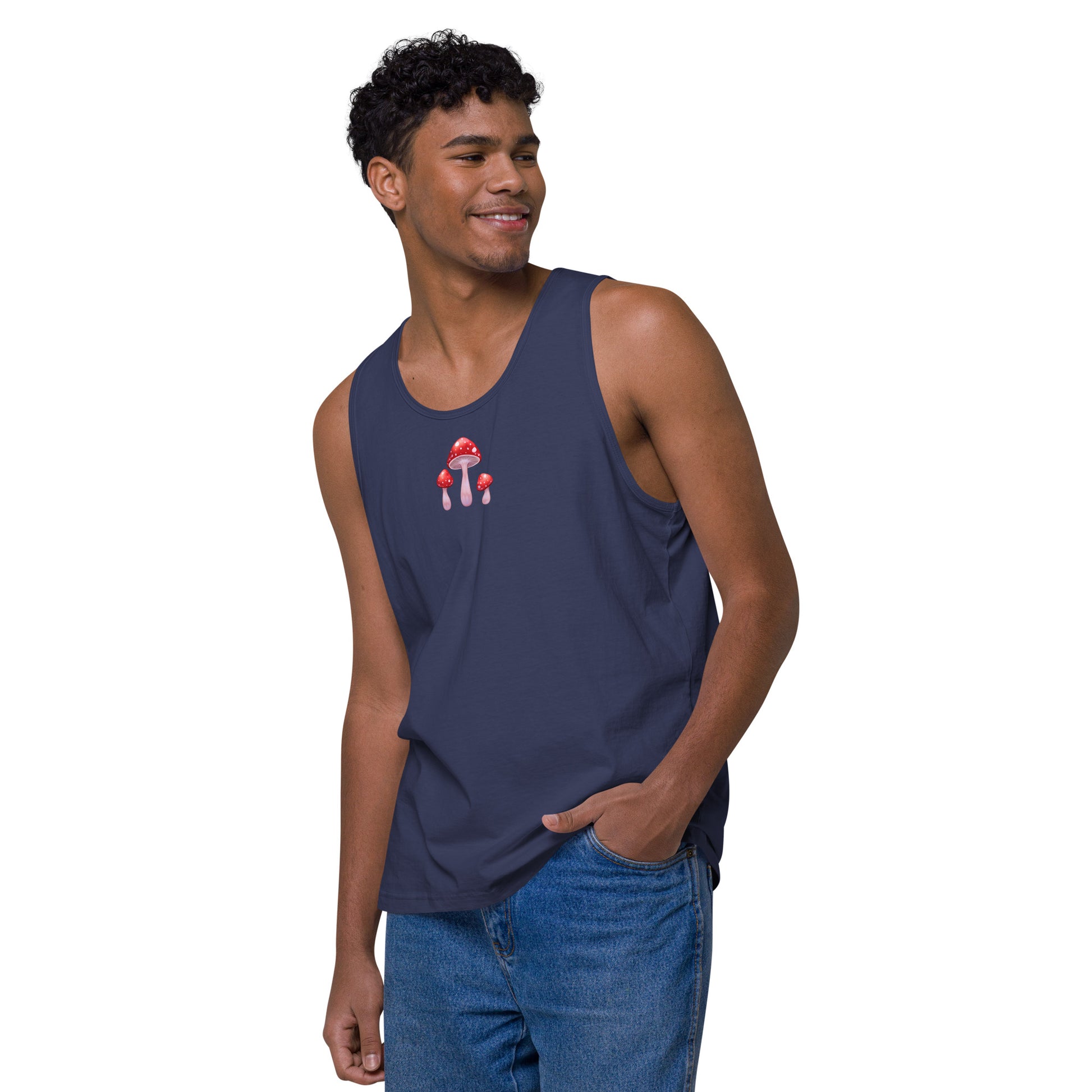 Men’s premium harbor blue tank top with mushroom print, from Eccentric Chemistry’s Laboratory of Strange & Stylish Things.