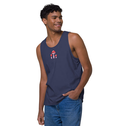Men’s premium harbor blue tank top with mushroom print, from Eccentric Chemistry’s Laboratory of Strange & Stylish Things.