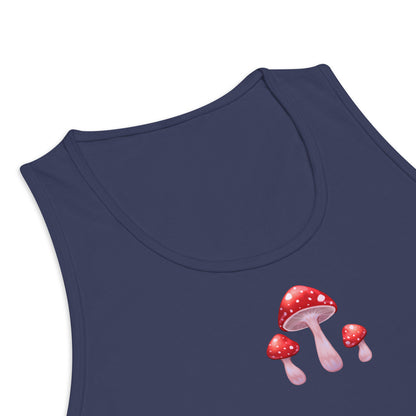 Men’s blue premium tank top from Eccentric Chemistry’s Laboratory of Strange & Stylish Things, featuring a comfortable fit and unique mushroom design.
